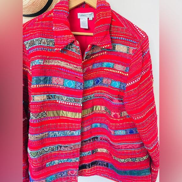 Vintage 00s Y2K Coldwater Creek Red Tweed Striped Shirt Jacket Shaket - Picture 3 of 5